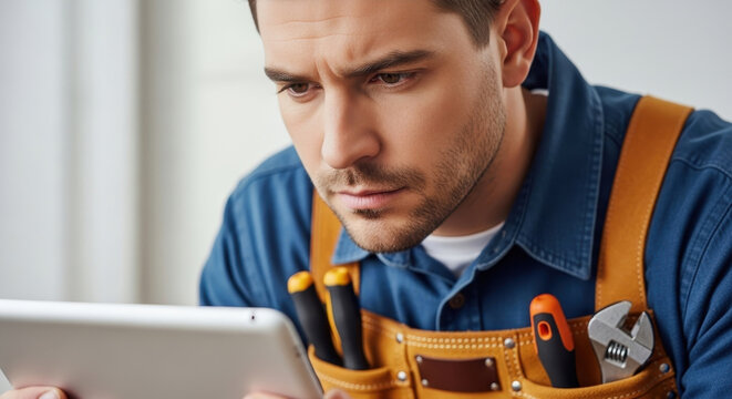 focused handyman in tool belt studies repair instructions on digital tablet. modern home maintenance and problem-solving concept. website banner, service presentation. - Powered by Adobe