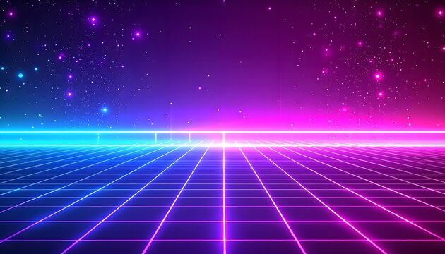 Retro-arcade neon grid background, electric magenta to cyan gradient, glowing horizon, eighties synth wave vaporwave style