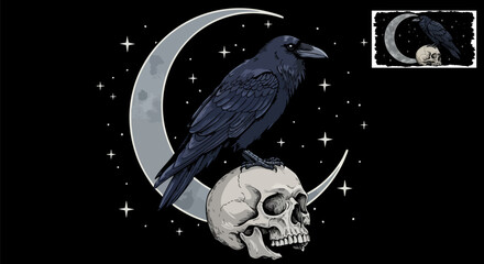 Raven perched atop a skull beneath a crescent moon amidst a starry night sky scene © Design