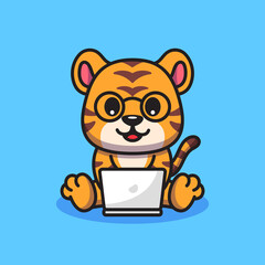 Cute Pixel Art Tiger Wearing Glasses Sitting with Laptop on Blue Background