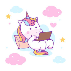 Cute Pixel Art Unicorn Cartoon Character Sitting on a Cloud Using a Laptop with Stars and Hearts Decorations on Transparent Background