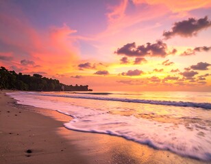 Beautiful sunset over the beach, colorful sky, ocean waves