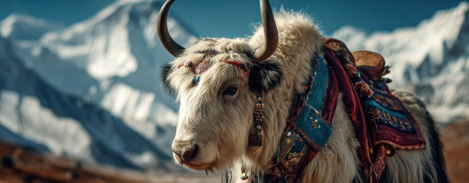 Majestic Yak Amidst Mountains: A sturdy yak, adorned with traditional trappings, stands proudly against the backdrop of towering, snow-capped mountains.