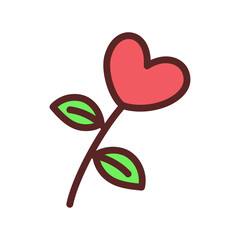 Cute Red Heart Shaped Flower Doodle With Green Leaves On Transparent Background