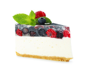 Piece of delicious cheesecake with berries and mint isolated on white
