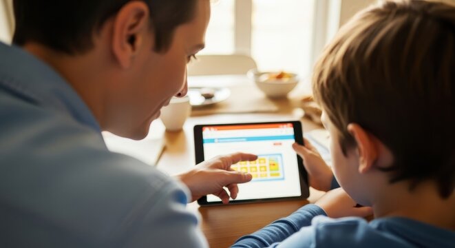 caring caucasian father helps his son with homework on digital tablet at home. parent and child learning together using educational app. e-learning and homeschooling concept. - Powered by Adobe