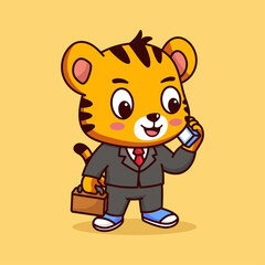 Cute Tiger Character Dressed As Businessman Talking On Phone Holding Briefcase With Paw In Pixel Art Style