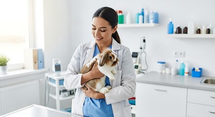 Veterinarian holding a cute bunny in a vet clinic showcasing animal care and affection