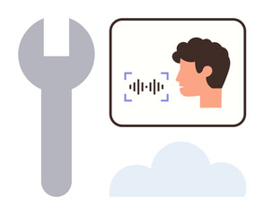Large wrench, head silhouette in profile with sound waves analyzed on screen, and abstract cloud shape. Ideal for AI, voice recognition, machine learning, system maintenance, innovation, cloud