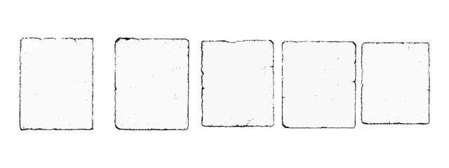 Old paper pages, overlay texture with torn, grain, worn, old, grunge effects. Overlay texture stamp, template frames with different effects. Vintage photo, old paper stamp. Vector graphic set