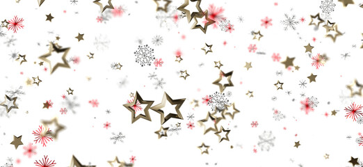 Abstract holiday background of falling gold stars and snowflakes on a white backdrop. Perfect for Christmas or Winter designs.