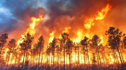 Inferno's Embrace: A dramatic scene unfolds as a forest is consumed by flames, the sky ablaze with a fiery spectacle, embodying the raw power of nature.