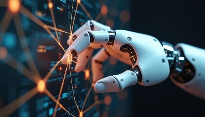 White robotic arm touches digital interactive screen with glowing data. Lines, nodes connect across dark tech interface. Shows smart AI processing information, managing complex networks, future