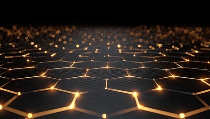 Obraz premium Low-angle view of a golden hexagonal grid, with blurred lights on a dark background