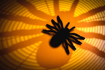 tarántula de terciopelo en una telaraña y una sombra de araña con fondo amarillo, perfecto para...