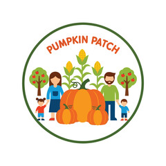 Happy family visiting autumn pumpkin patch farm for fall harvest season fun vector