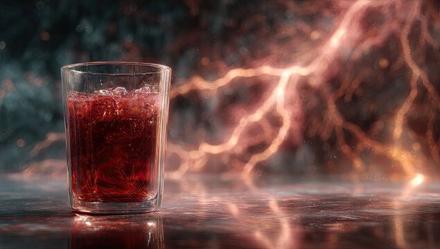 A clear glass of red beverage with ice, against a stormy background with vibrant lightning