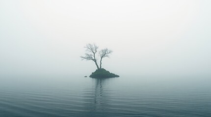 Solitary Tree on a Misty Lake Island_8