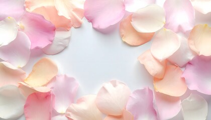 Obraz premium Delicate pastel flower petals framing a white center space, soft pink and peach colors, elegant background texture