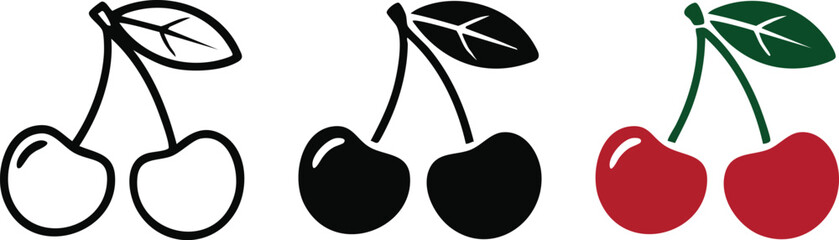 Minimal illustration of cherries in three styles including line drawing, black silhouette, and red fruit with green leaf on white background