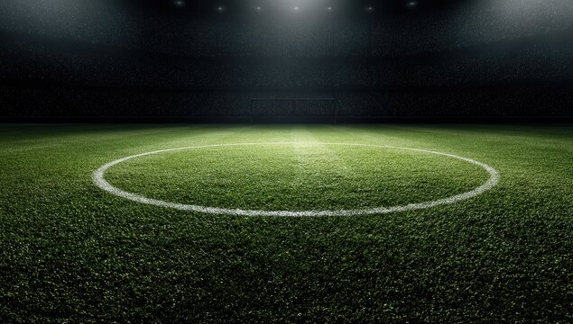 Wide view of a football field at night, illuminated by overhead stadium lights - Powered by Adobe