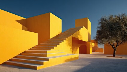 Geometric architecture with vibrant yellow structures, stairs, and a tree under a deep blue sky