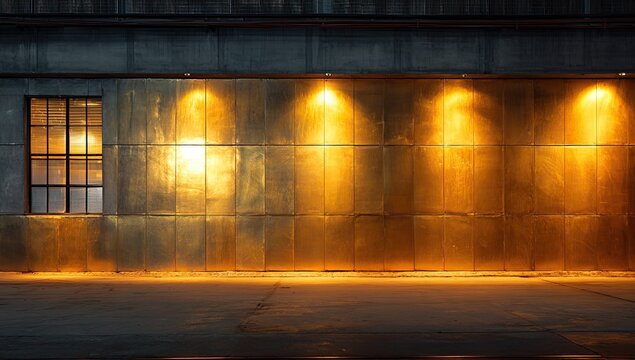 Metallic wall illuminated by warm light, a window and concrete ground complete this industrial scene