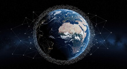 Earth globe with digital network over planet against dark backdrop