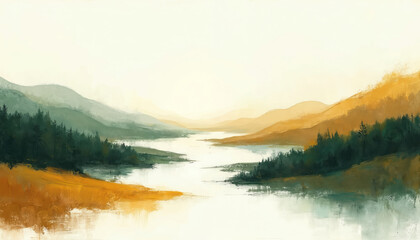 Obraz premium Scenic nature background illustration shows calm lake surrounded by forest, mountains. Modern art design with warm earthy tone, smooth texture. Peaceful scenery with impressionistic style in visual