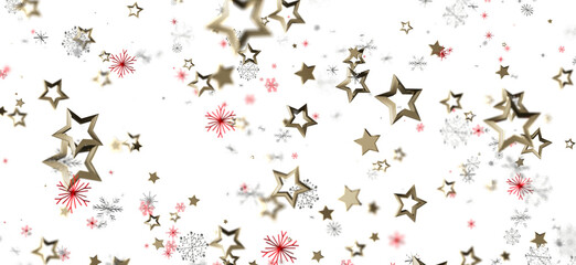 Festive background with golden stars and snowflakes perfect for Christmas or New Year celebrations. Ideal for greeting cards or holiday designs.