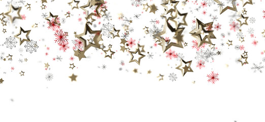 Holiday background featuring falling golden stars, snowflakes, and festive red accents. Perfect for seasonal design, winter celebrations, and ch