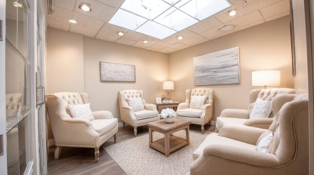 Elegant Waiting Room: A meticulously designed waiting room exudes a serene ambiance, creating an atmosphere of calmness and comfort. The image showcases well-appointed seating, soft lighting. - Powered by Adobe