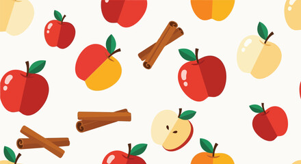 Seamless pattern fresh red and yellow apples cinnamon sticks fall harvest autumn theme delicious fruit food background vector