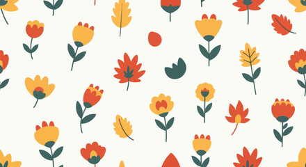 Charming folk art floral pattern whimsical retro botanical illustration seamless surface design vector