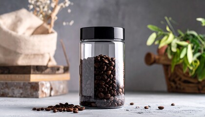 A clear glass jar filled with dark roasted beans sits on a textured surface. Background includes burlap, leaves and a concrete wall