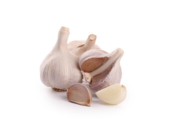 Fresh White Garlic Bulbs and Cloves Isolated on White Background