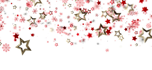 Festive winter background with red and gold stars and snowflakes. Perfect for Christmas, New Year, holidays.