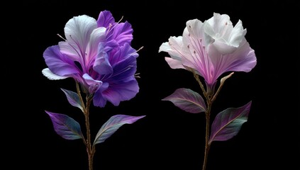 Fototapeta premium Two stylized blooms in shades of purple and white against a black backdrop