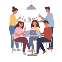 Flat Style Detailed People Working and Socializing in Coworking Space Illustration