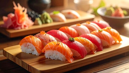 A close-up photograph showcases a diverse array of sushi nigiri arrangements on wooden trays, illuminated by soft lighting