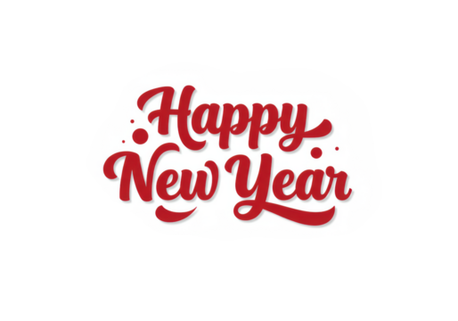 Bold red 'Happy New Year' script, elegant font, with stylized red snowflakes and dots on a transparent background and copy space, modern elegant New Year's greeting concept