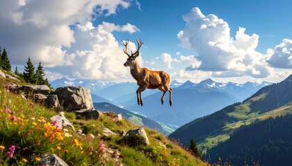 Obraz premium Majestic Deer Leaps Over Mountain Ridge.