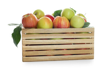 Fresh apples in wooden crate and green leaves isolated on white