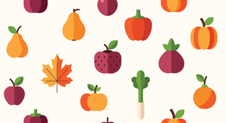 Vibrant autumn harvest flat icon collection seasonal fruits and vegetables seamless pattern vector