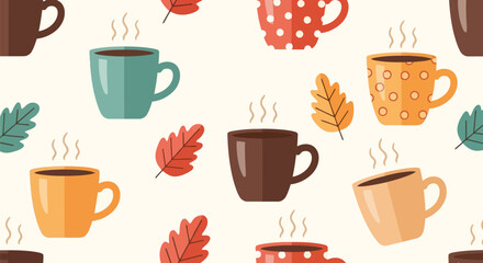 Cozy autumn coffee mug pattern with fall leaves perfect for seasonal designs vector