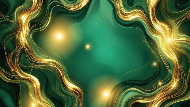 Emerald Elegance - Golden Waves on a Green Abstract Background.