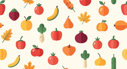 Seamless autumn harvest pattern featuring various fresh fruits vegetables and leaves for fall design vector