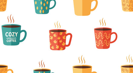 Cozy autumn mugs with hot beverages steam seamless pattern autumnal warm drinks illustration vector