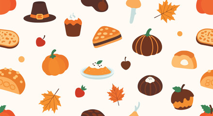 Autumn harvest pattern thanksgiving food elements festive seasonal illustration seamless design vector
