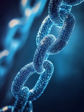 Digital blockchain visualization with glowing blue chain links made of digital code on dark background, symbolizing cryptocurrency and secure networks